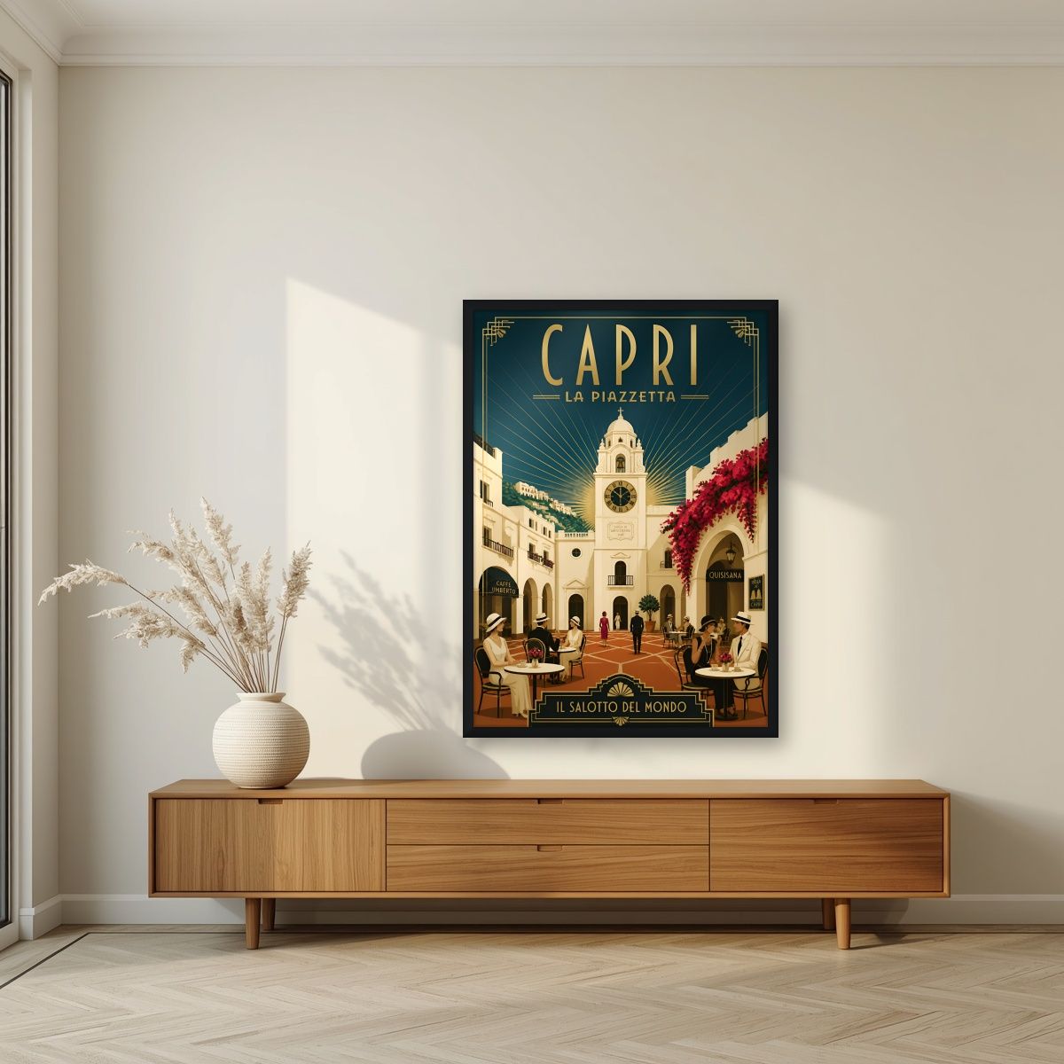 La Piazzetta — Capri art print, in a black frame, styled in a living room