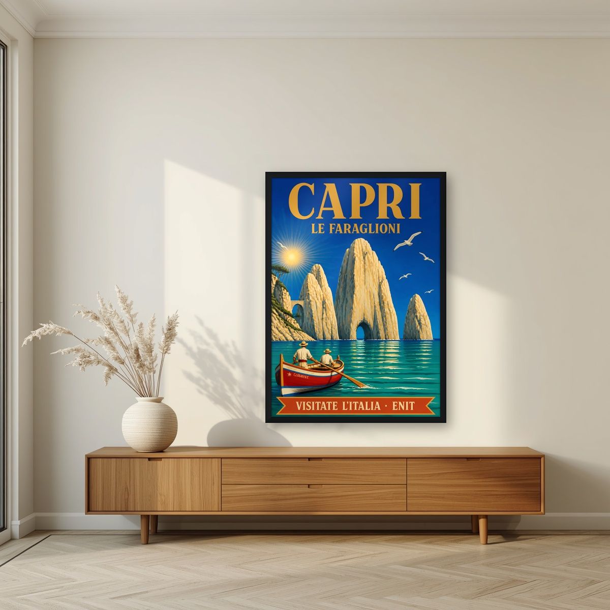 Le Faraglioni — Capri art print, in a black frame, styled in a living room