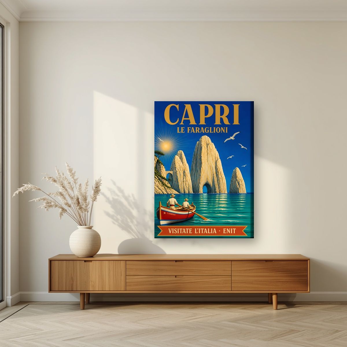 Le Faraglioni — Capri art print, on slim canvas, styled in a living room