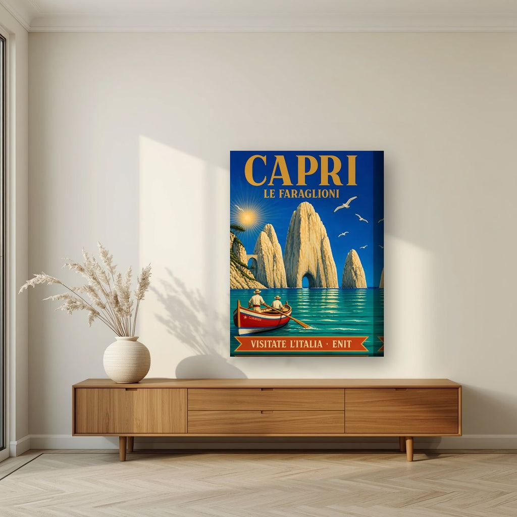 Le Faraglioni — Capri art print, on thick canvas, styled in a living room