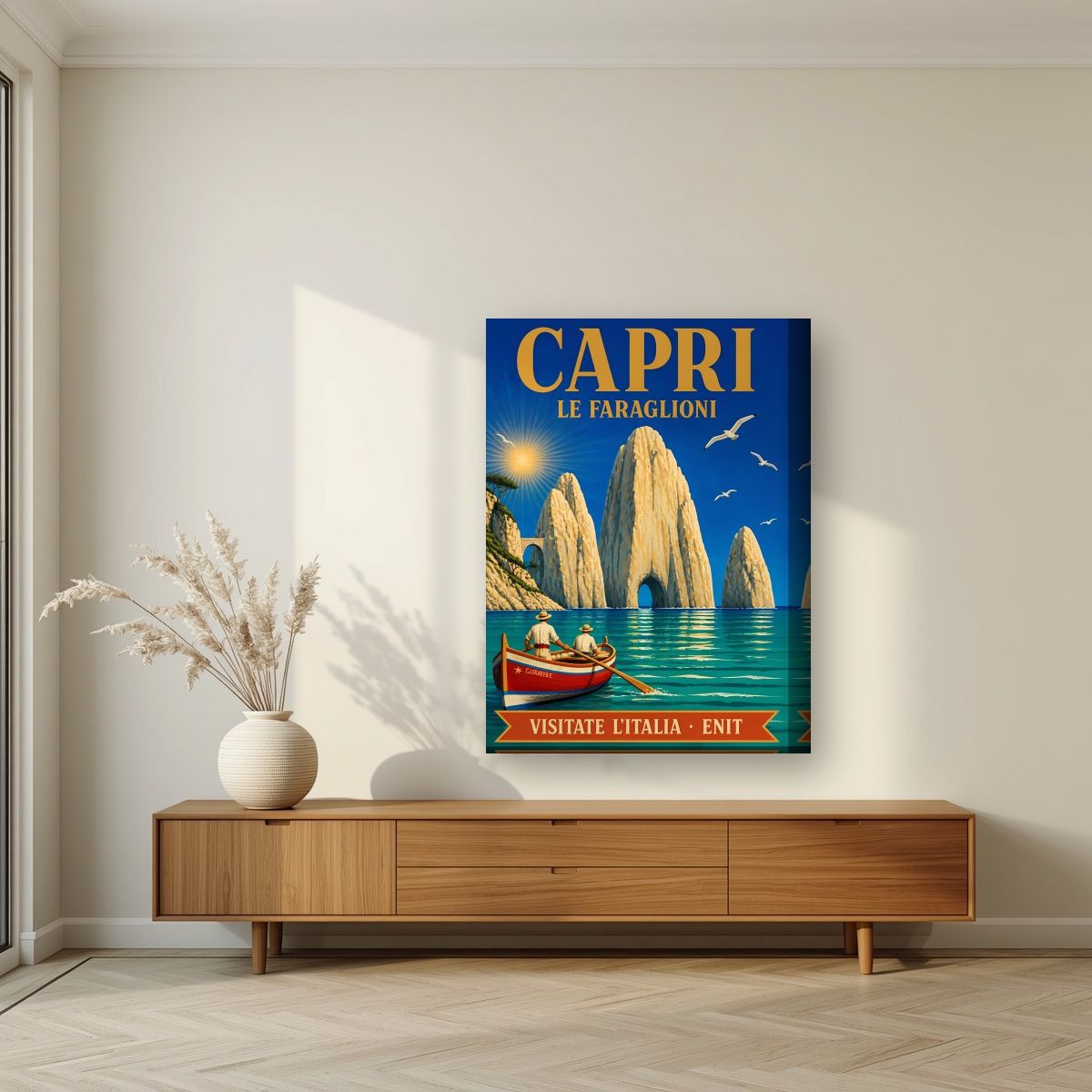 Le Faraglioni — Capri art print, on thick canvas, styled in a living room