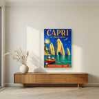 Le Faraglioni — Capri art print, as an acrylic print, styled in a living room