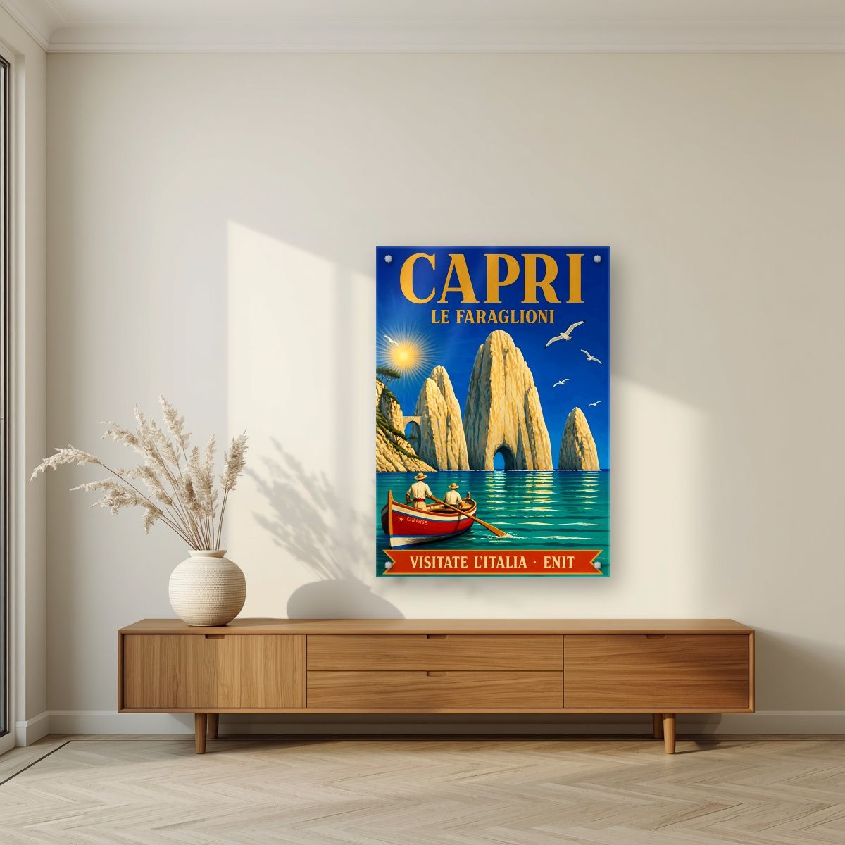 Le Faraglioni — Capri art print, as an acrylic print, styled in a living room