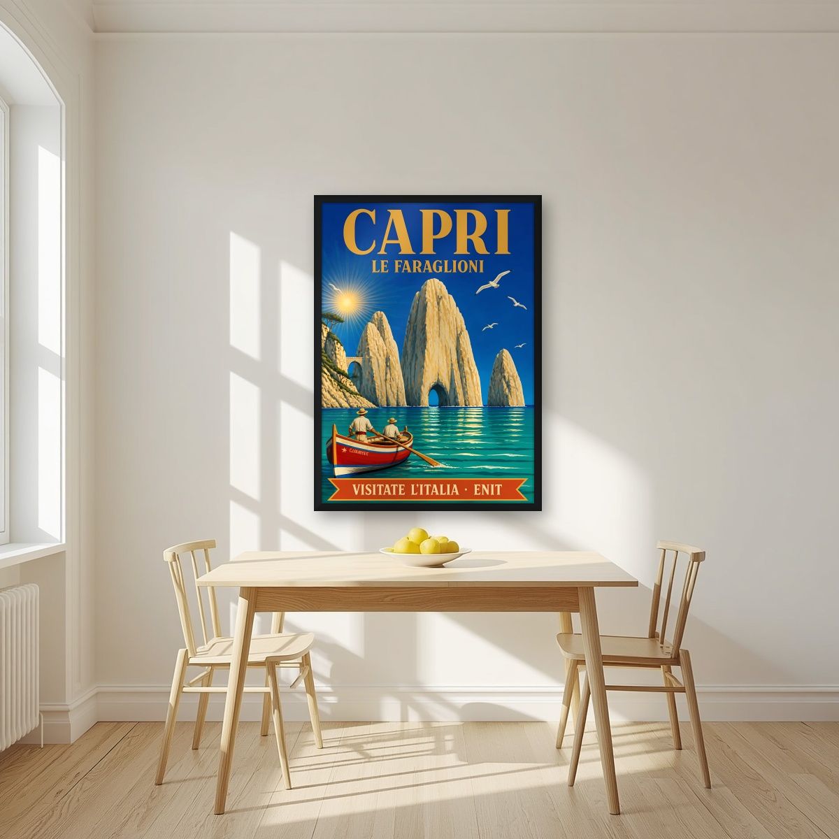 Le Faraglioni — Capri art print, in a black frame, styled in a kitchen