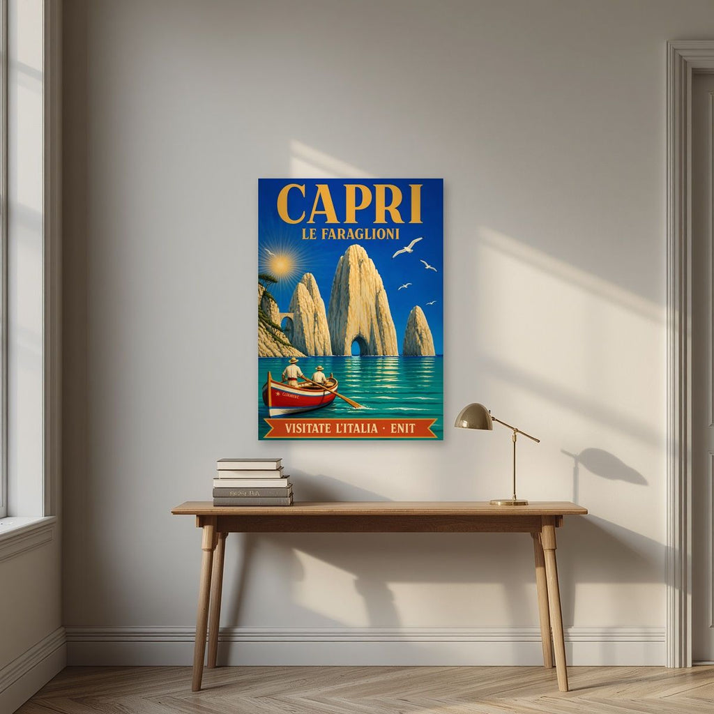 Le Faraglioni — Capri art print, unframed poster, styled in a desk