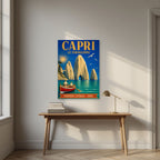 Le Faraglioni — Capri art print, unframed poster, styled in a desk