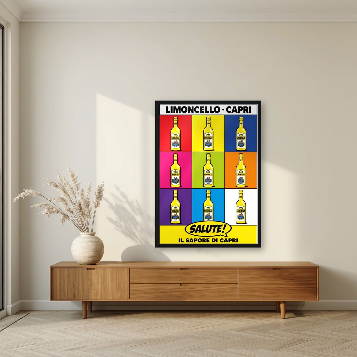 Limoncello Pop — Capri art print, in a black frame, styled in a living room