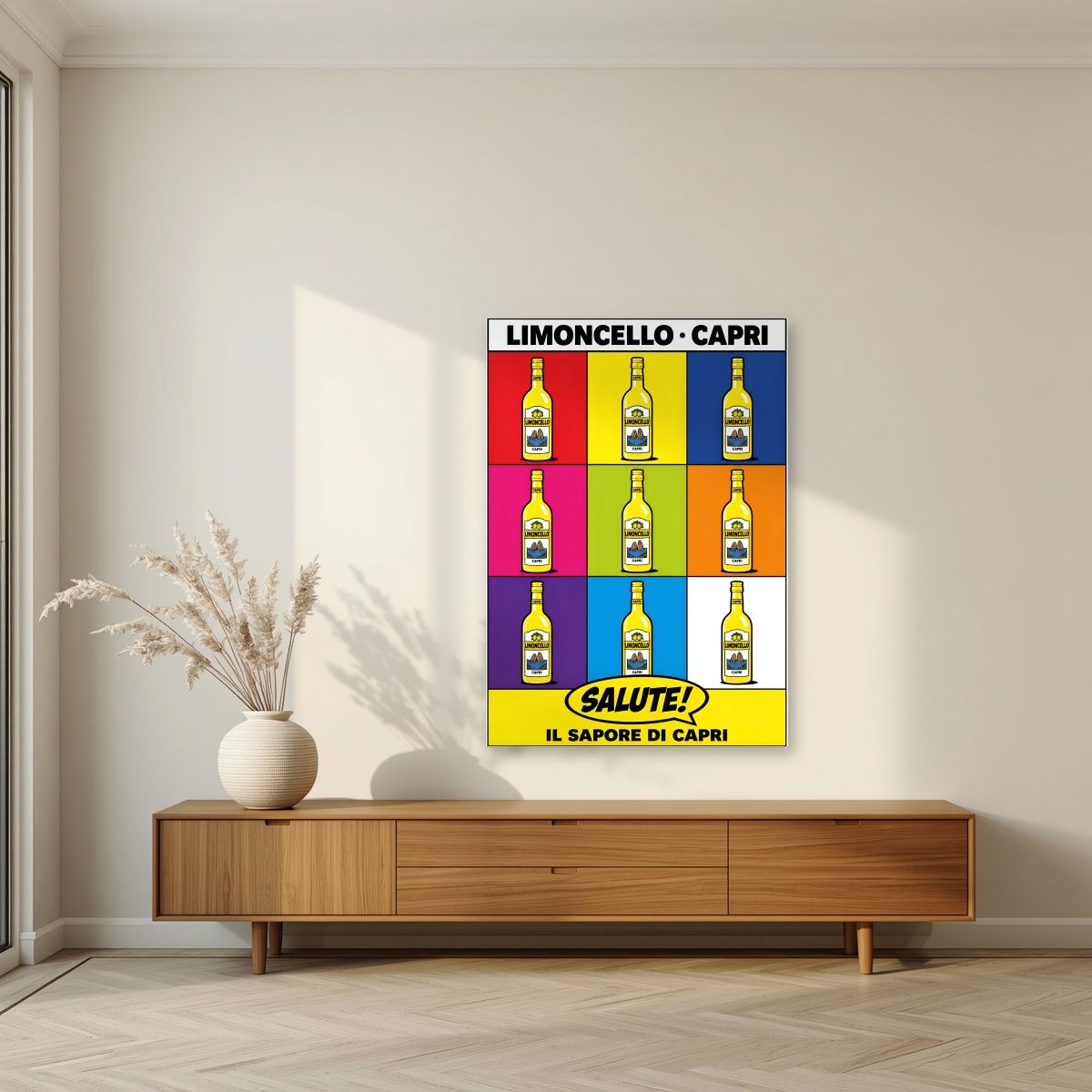 Limoncello Pop — Capri art print, unframed poster, styled in a living room