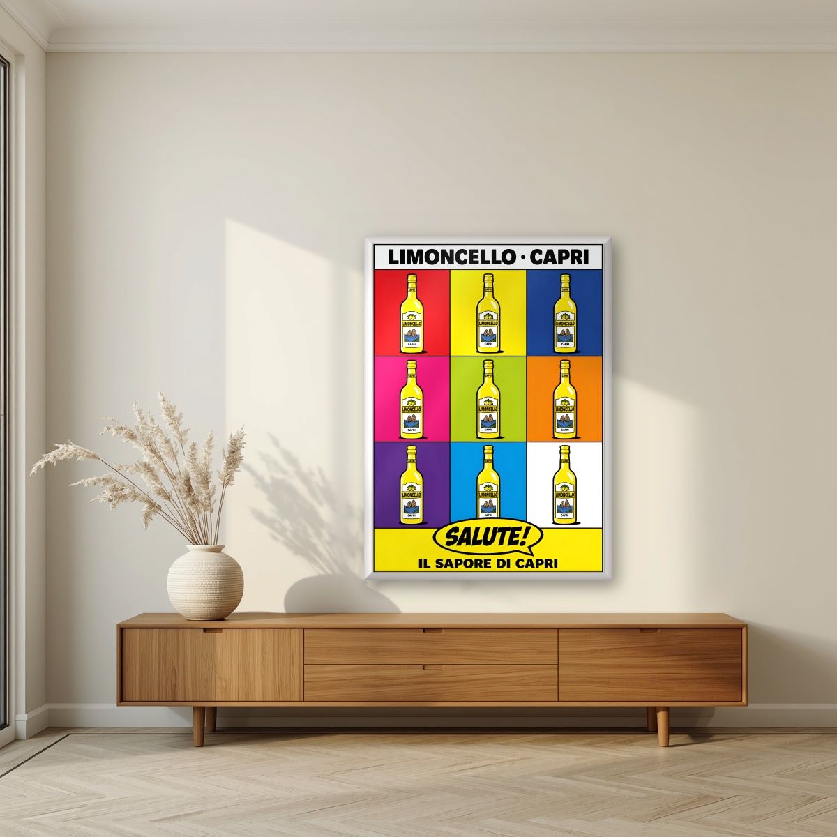 Limoncello Pop — Capri art print, in a white frame, styled in a living room