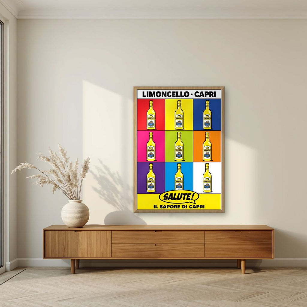 Limoncello Pop — Capri art print, in an oak frame, styled in a living room