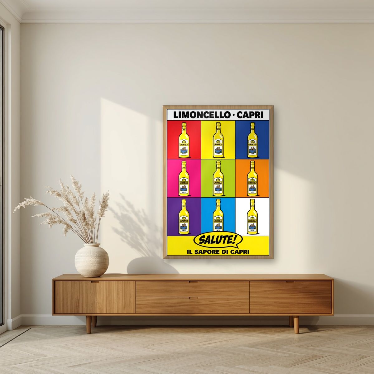 Limoncello Pop — Capri art print, in an oak frame, styled in a living room