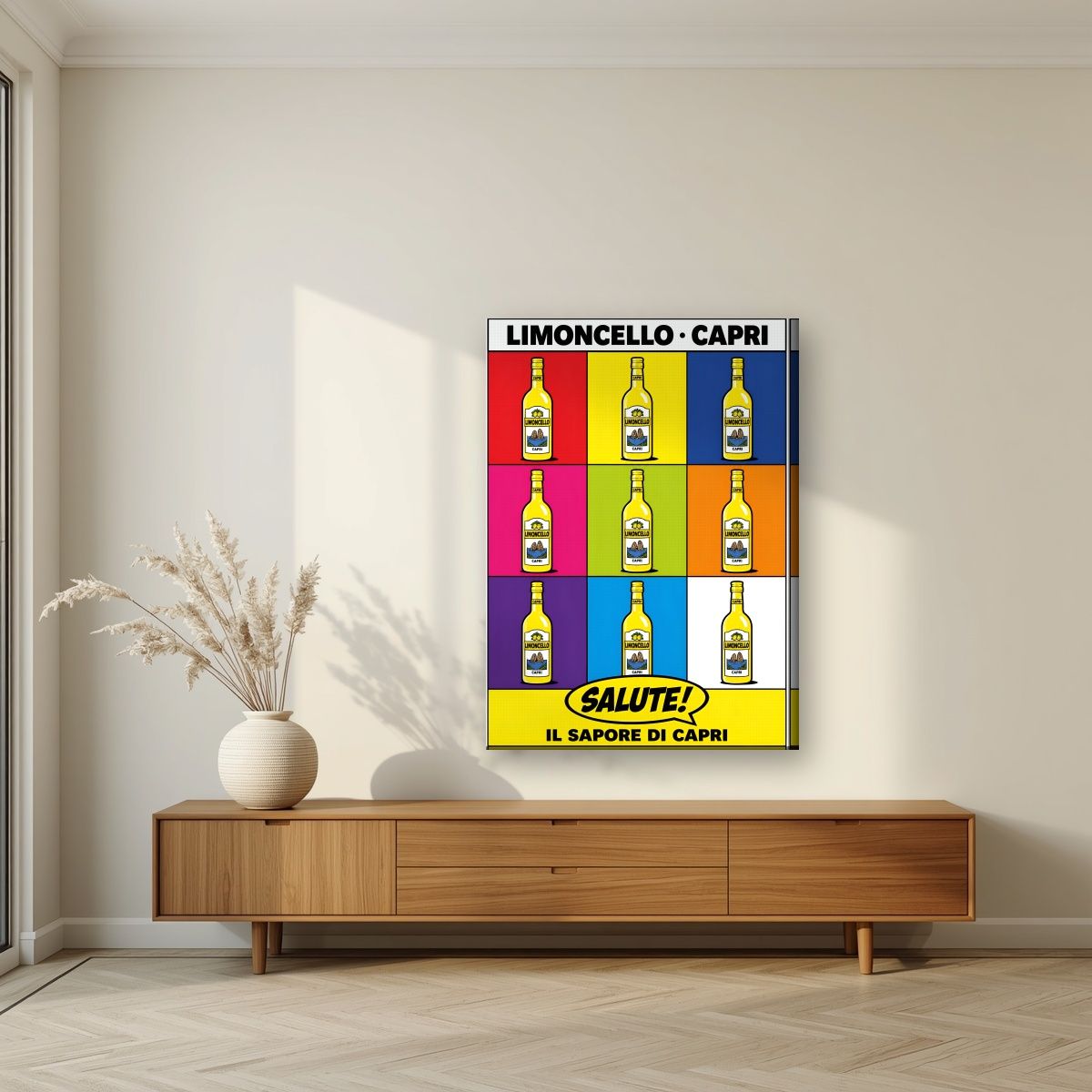 Limoncello Pop — Capri art print, on slim canvas, styled in a living room