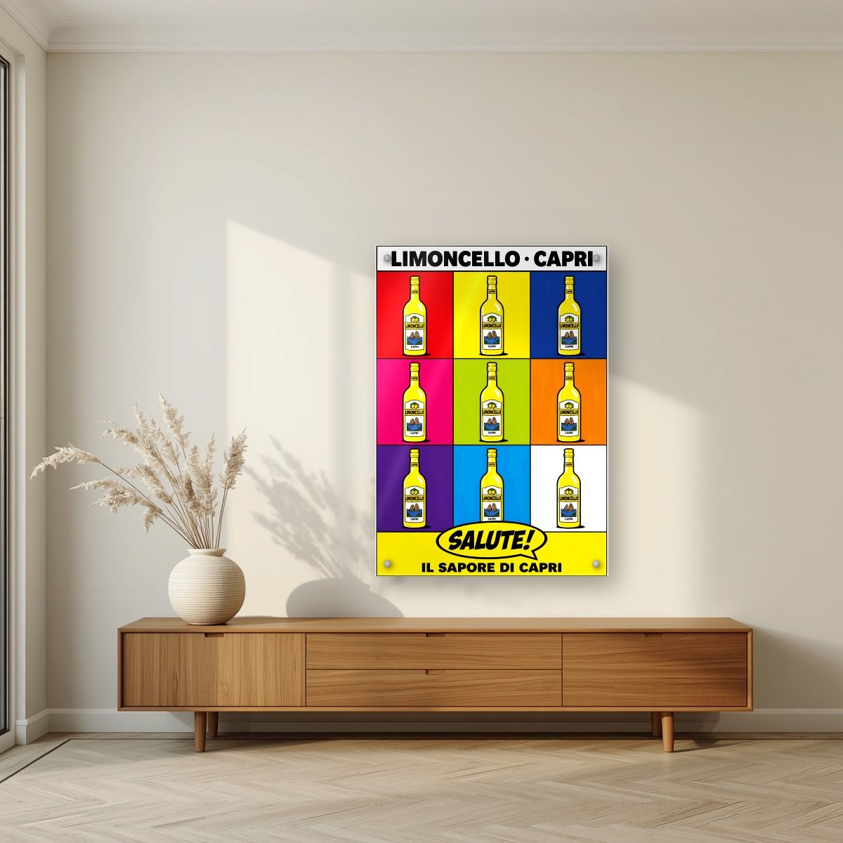 Limoncello Pop — Capri art print, as an acrylic print, styled in a living room