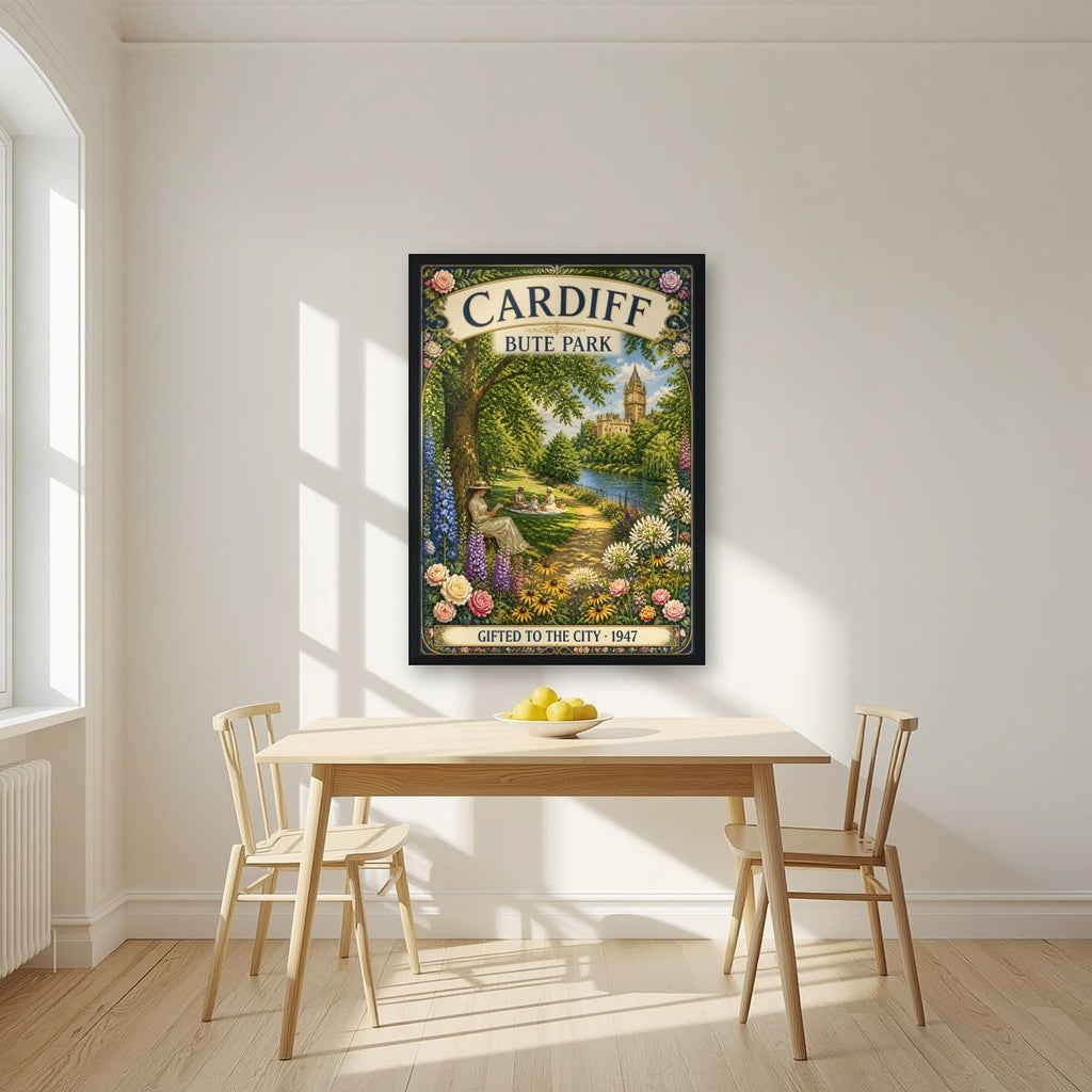 Bute Park — Cardiff art print, in a black frame, styled in a kitchen