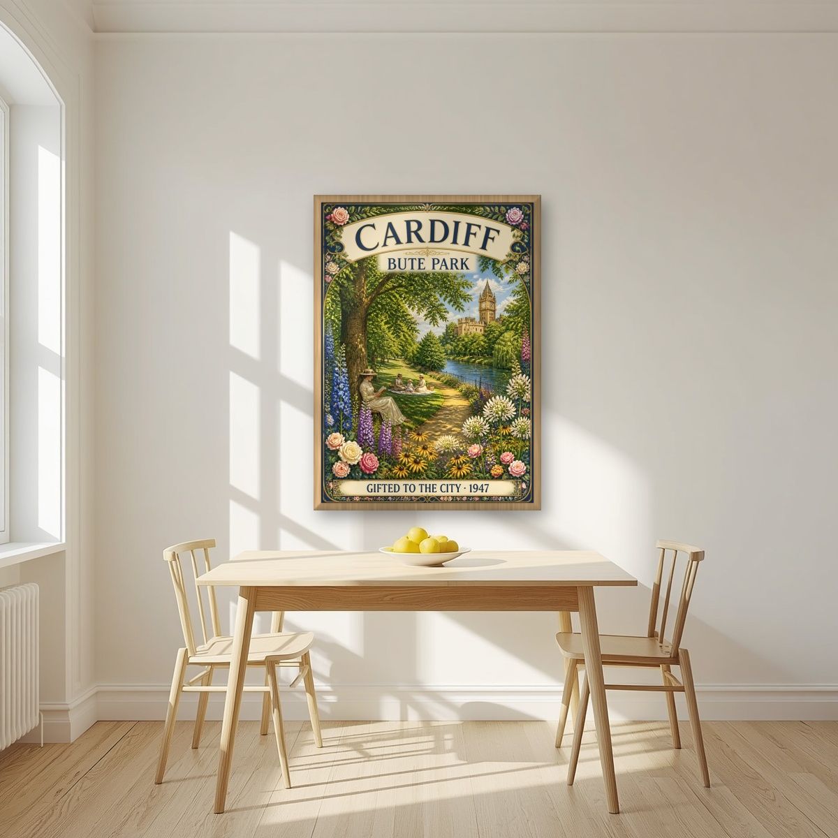 Bute Park — Cardiff art print, in an oak frame, styled in a kitchen