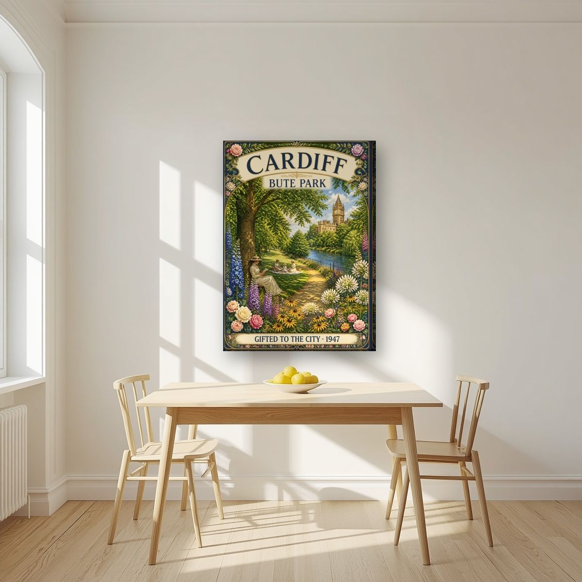 Bute Park — Cardiff art print, on slim canvas, styled in a kitchen