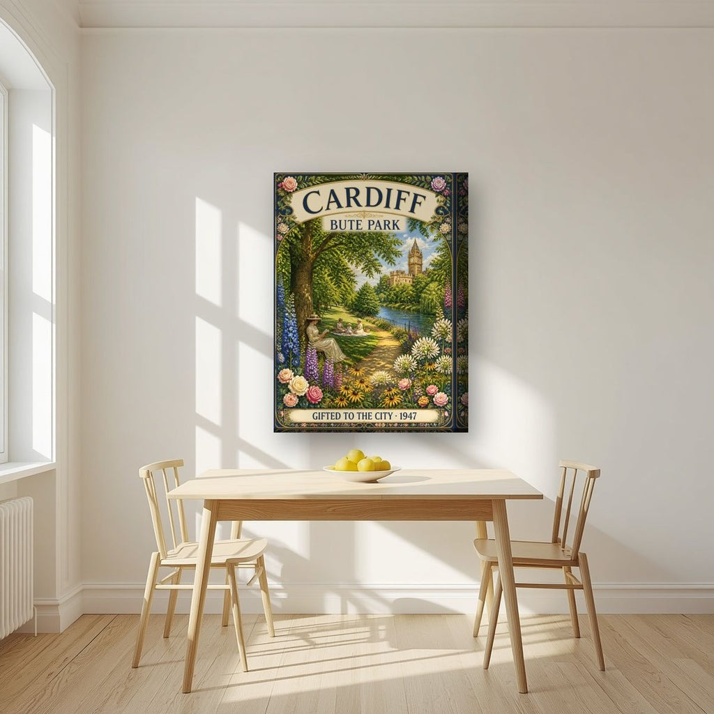 Bute Park — Cardiff art print, on thick canvas, styled in a kitchen