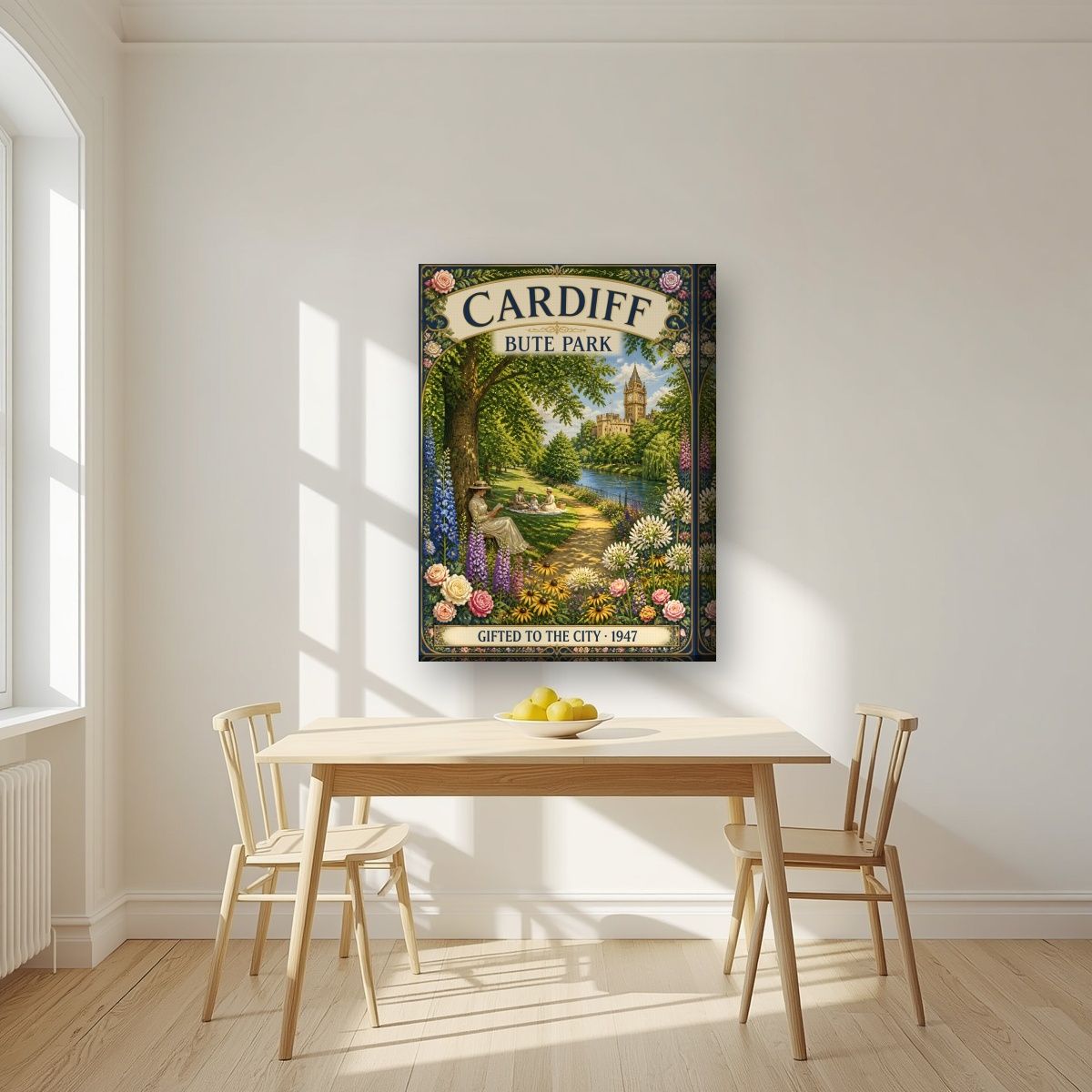 Bute Park — Cardiff art print, on thick canvas, styled in a kitchen