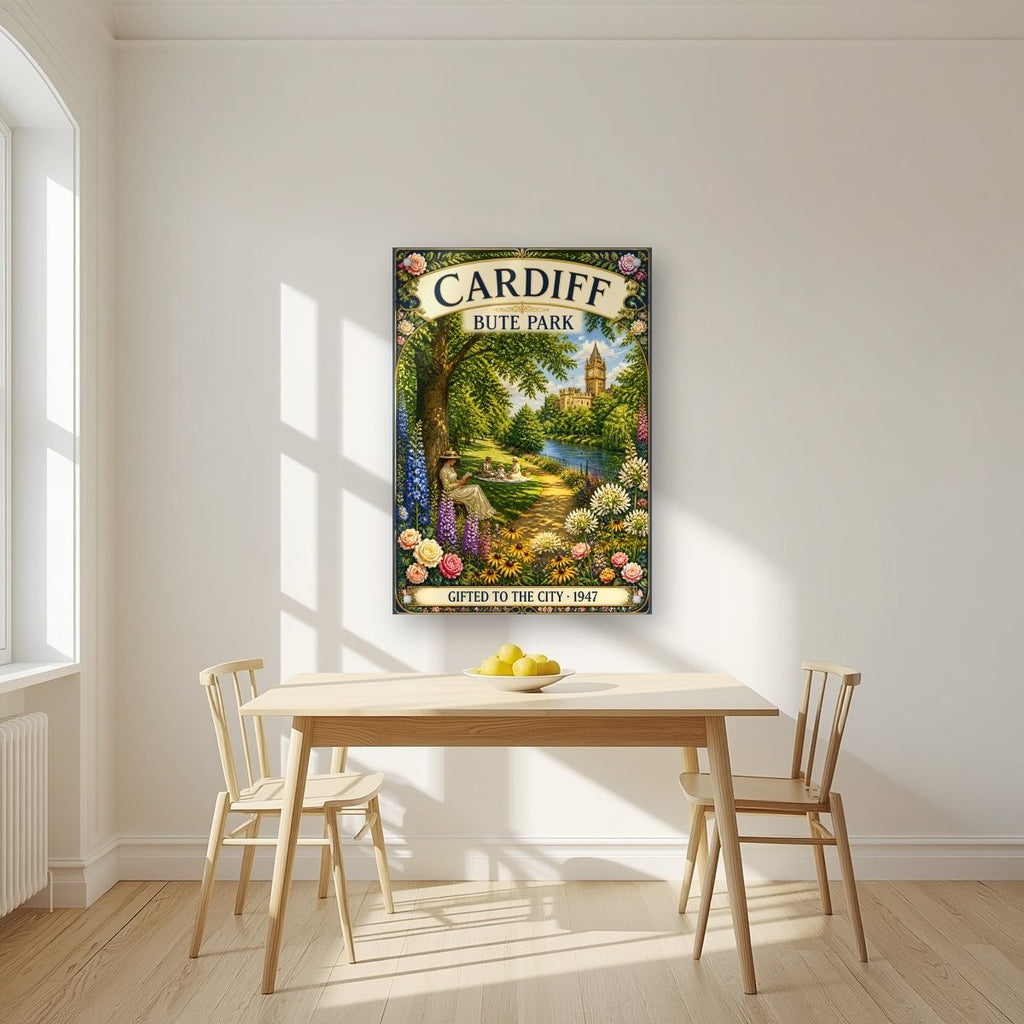Bute Park — Cardiff art print, as an acrylic print, styled in a kitchen