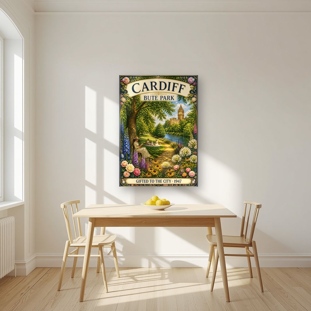 Bute Park — Cardiff art print, as an acrylic print, styled in a kitchen