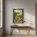Bute Park — Cardiff art print, in a black frame, styled in a desk