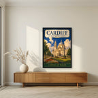 Capital Of Wales — Cardiff art print, in a black frame, styled in a living room