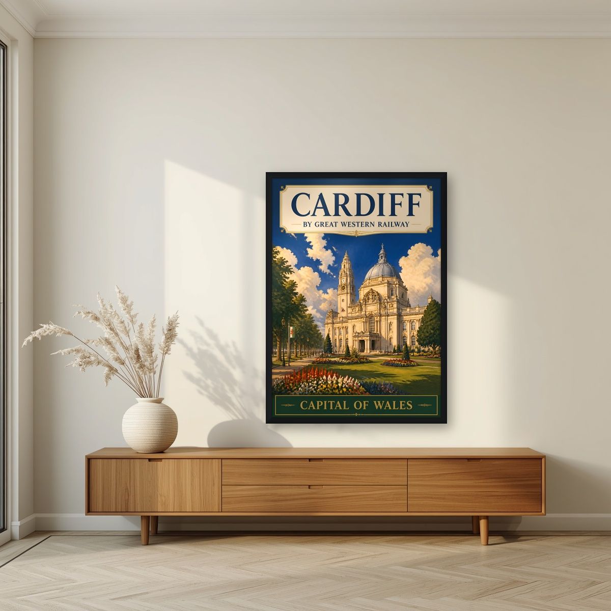 Capital Of Wales — Cardiff art print, in a black frame, styled in a living room