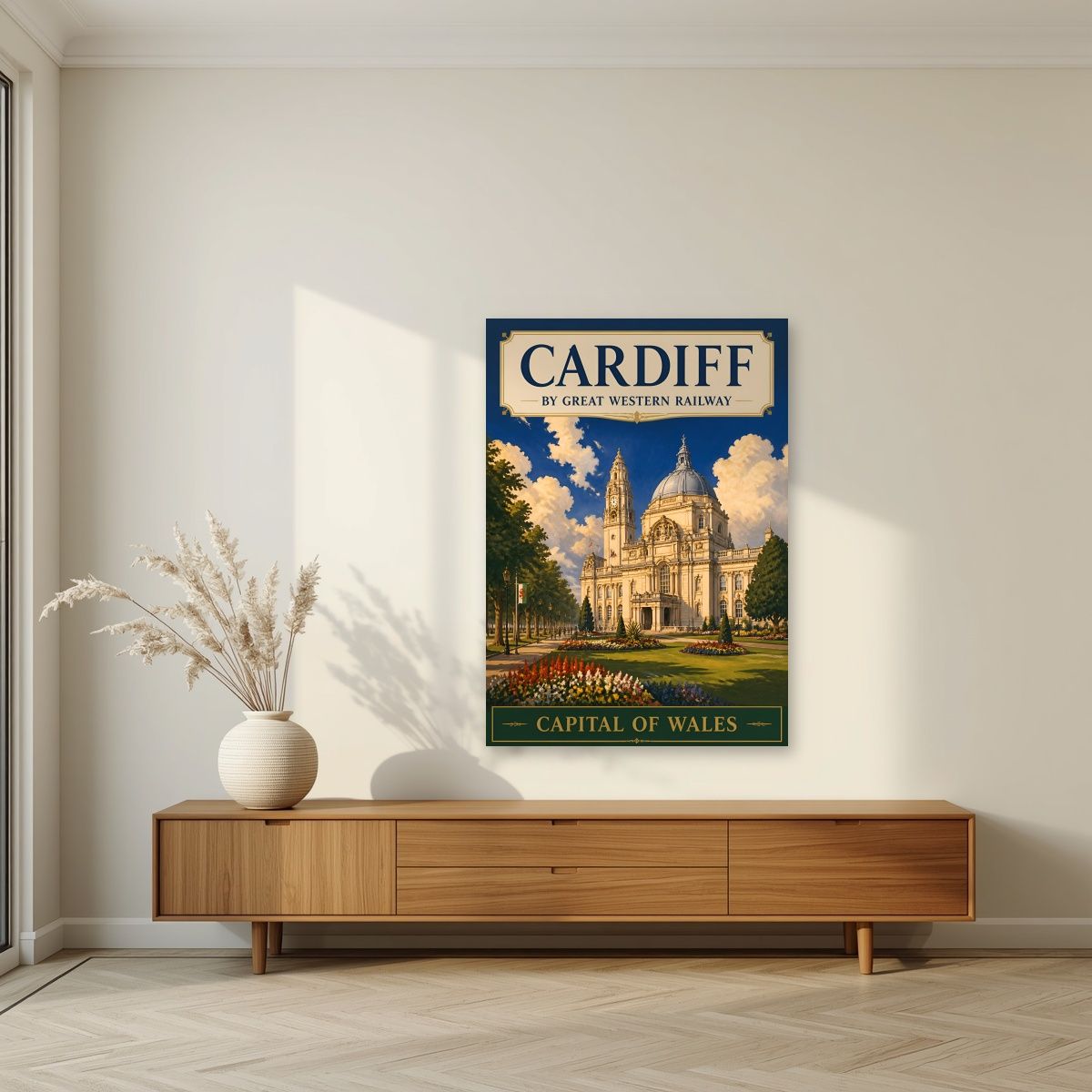 Capital Of Wales — Cardiff art print, unframed poster, styled in a living room
