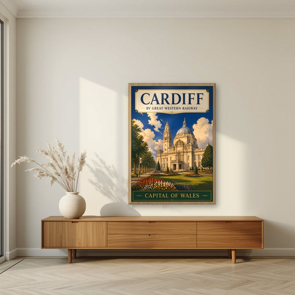 Capital Of Wales — Cardiff art print, in an oak frame, styled in a living room