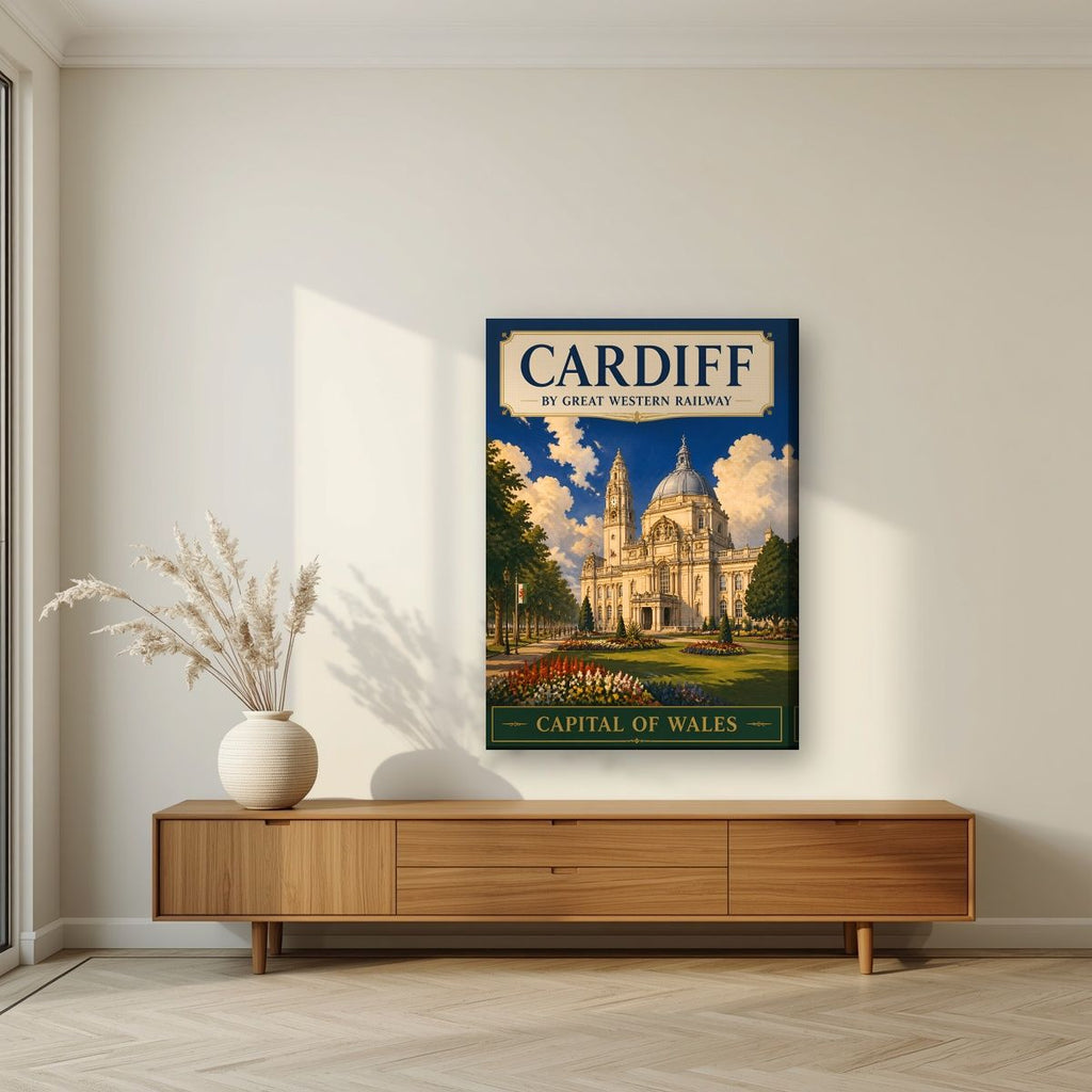 Capital Of Wales — Cardiff art print, on slim canvas, styled in a living room