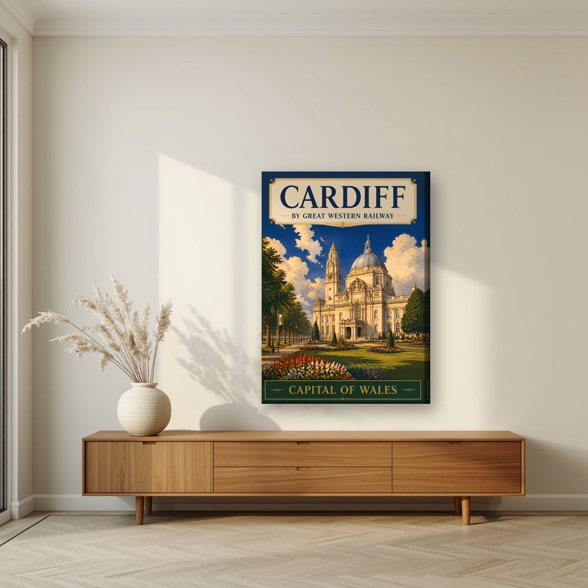 Capital Of Wales — Cardiff art print, on slim canvas, styled in a living room