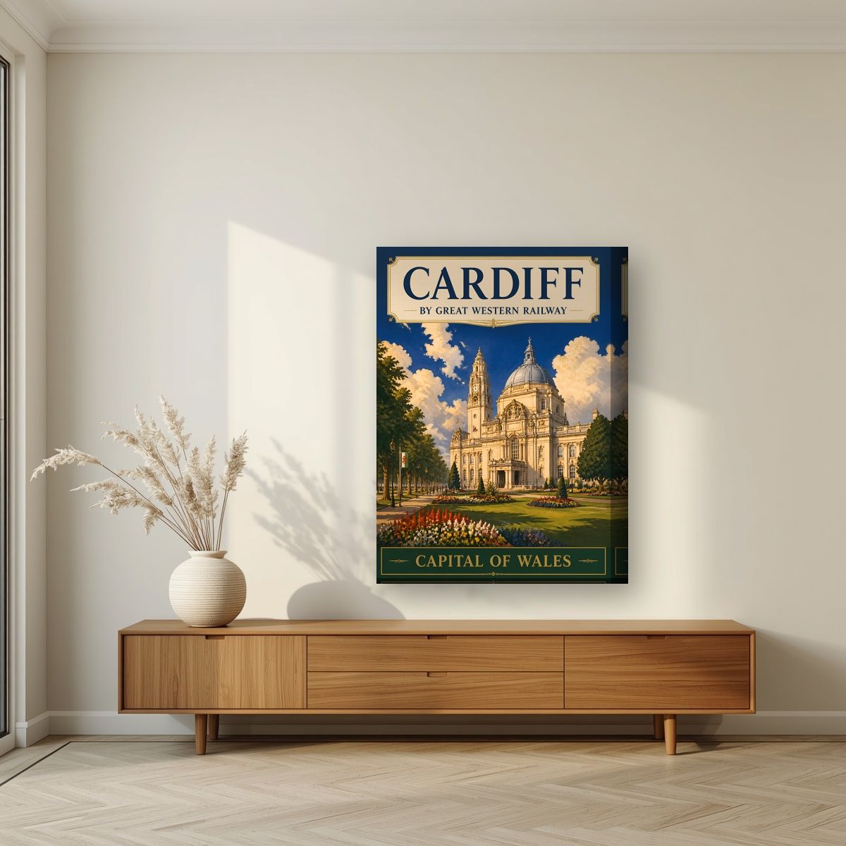 Capital Of Wales — Cardiff art print, on thick canvas, styled in a living room