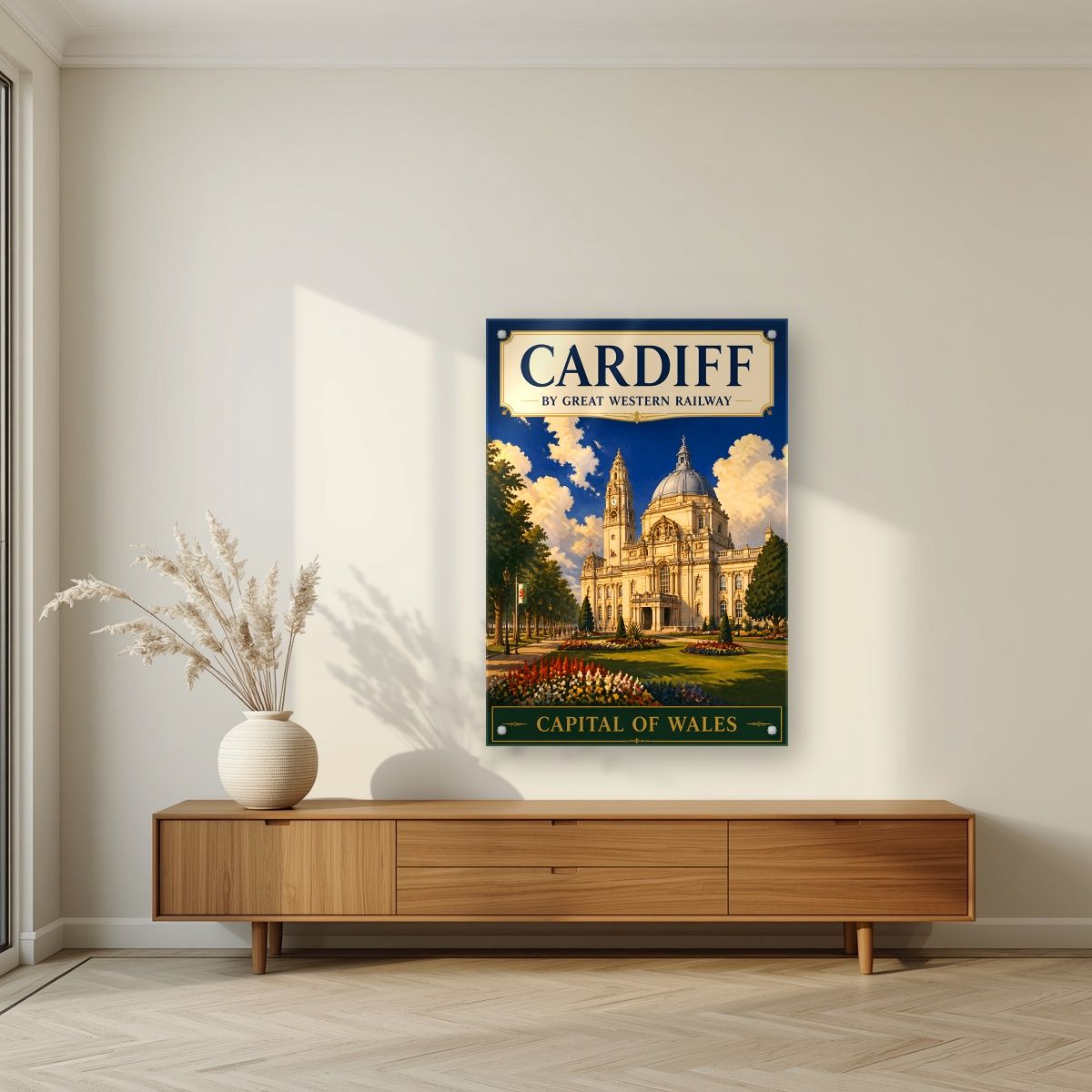 Capital Of Wales — Cardiff art print, as an acrylic print, styled in a living room