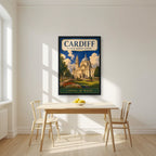 Capital Of Wales — Cardiff art print, in a black frame, styled in a kitchen