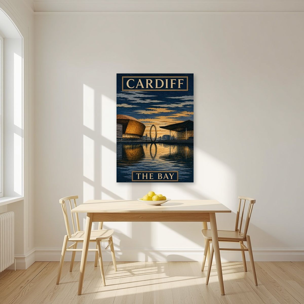 The Bay — Cardiff art print, unframed poster, styled in a kitchen