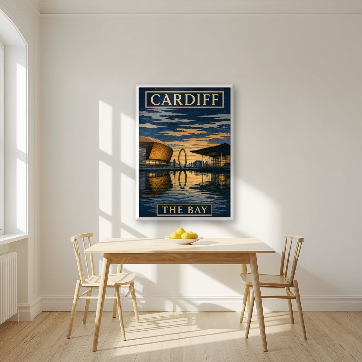 The Bay — Cardiff art print, in a white frame, styled in a kitchen