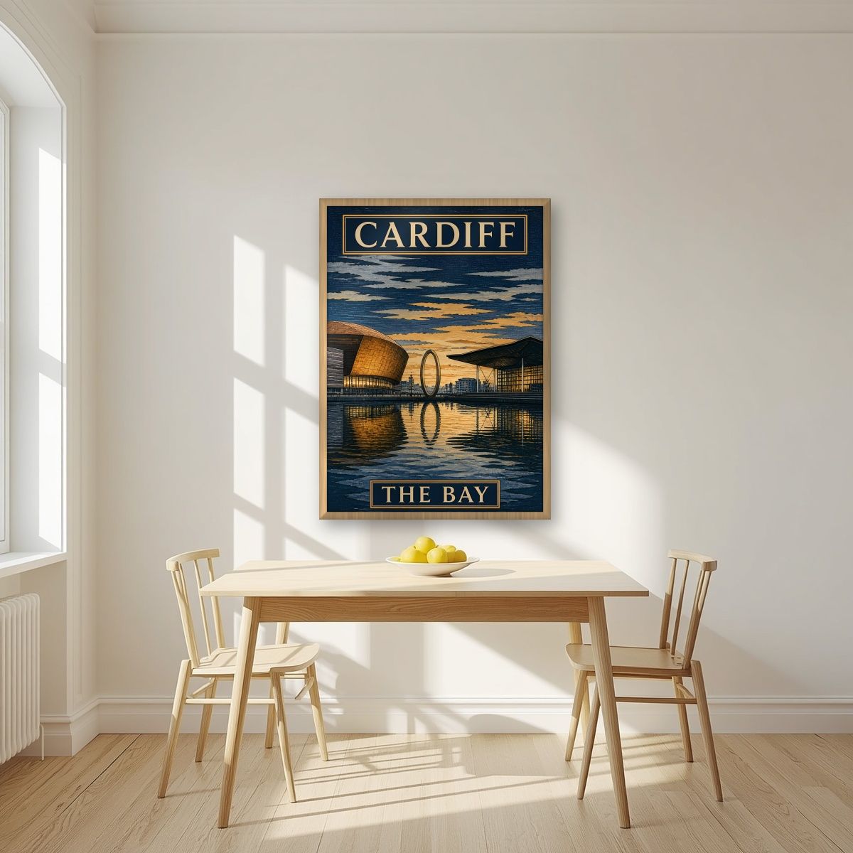 The Bay — Cardiff art print, in an oak frame, styled in a kitchen
