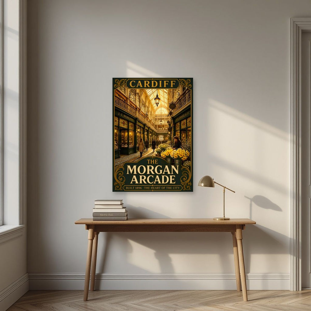 The Morgan Arcade — Cardiff art print, unframed poster, styled in a desk