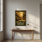 The Morgan Arcade — Cardiff art print, unframed poster, styled in a desk