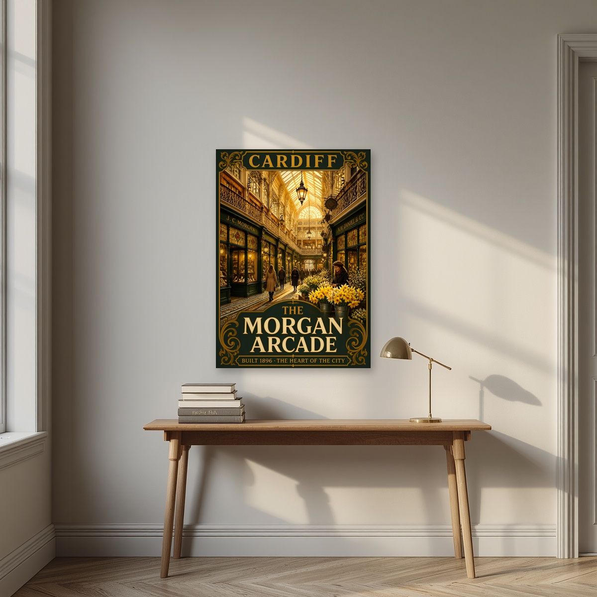 The Morgan Arcade — Cardiff art print, unframed poster, styled in a desk
