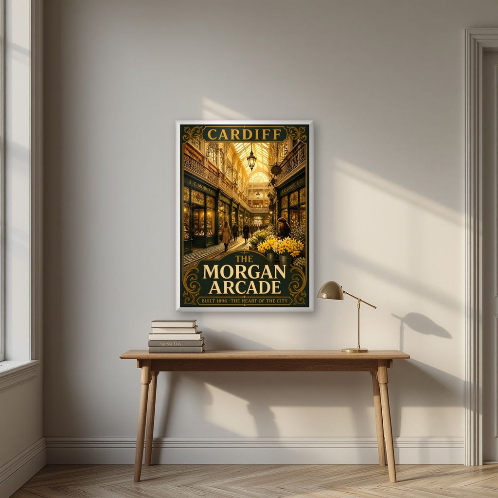 The Morgan Arcade — Cardiff art print, in a white frame, styled in a desk
