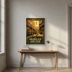 The Morgan Arcade — Cardiff art print, in a white frame, styled in a desk