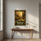 The Morgan Arcade — Cardiff art print, in an oak frame, styled in a desk