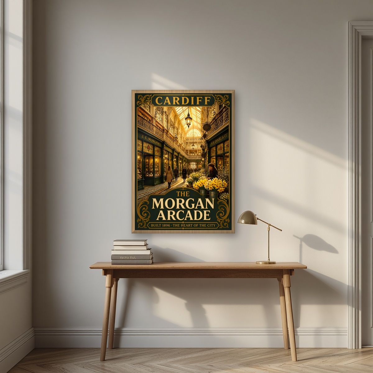 The Morgan Arcade — Cardiff art print, in an oak frame, styled in a desk