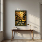 The Morgan Arcade — Cardiff art print, on slim canvas, styled in a desk
