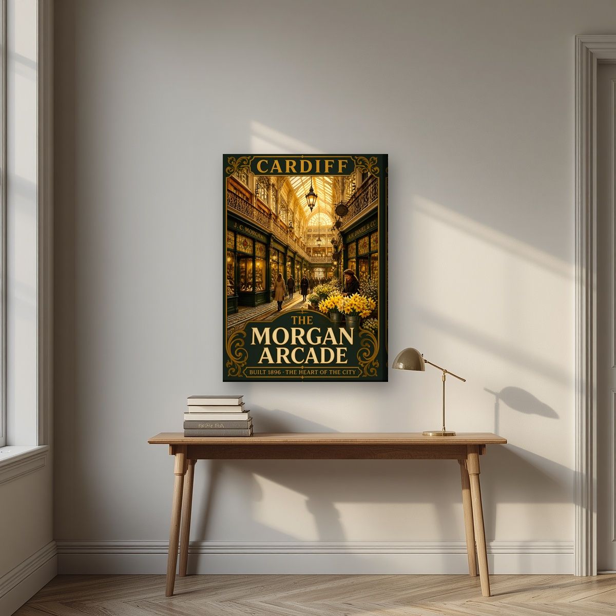 The Morgan Arcade — Cardiff art print, on slim canvas, styled in a desk