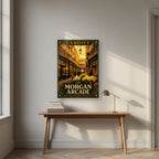 The Morgan Arcade — Cardiff art print, as an acrylic print, styled in a desk