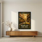 The Morgan Arcade — Cardiff art print, in a black frame, styled in a living room