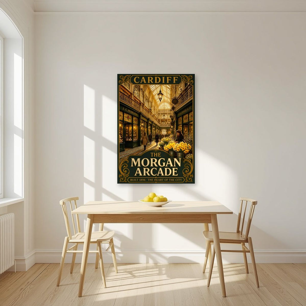 The Morgan Arcade — Cardiff art print, unframed poster, styled in a kitchen