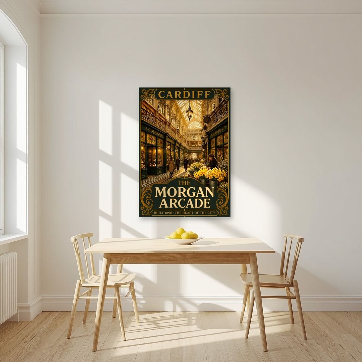 The Morgan Arcade — Cardiff art print, unframed poster, styled in a kitchen